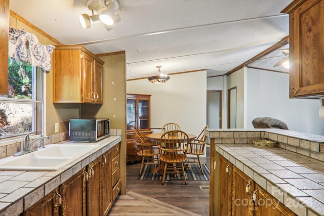 kitchen featuring ornamental molding, tile countertops, dark hardwood / wood-style flooring, and sink