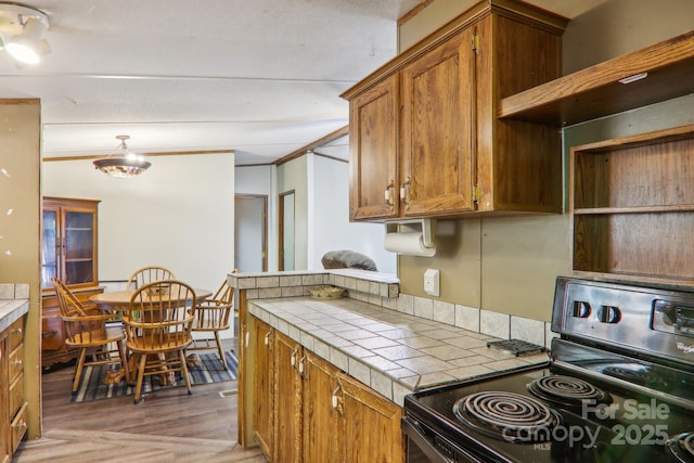 kitchen with hardwood / wood-style floors, electric range, and tile counters