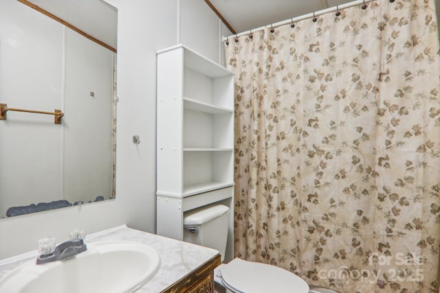 bathroom featuring vanity, toilet, and walk in shower