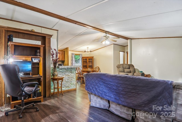 bedroom with wood-type flooring and vaulted ceiling with beams