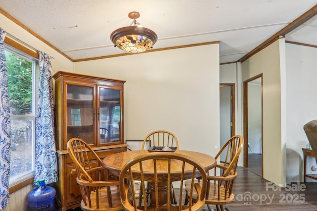 dining area with crown molding and dark wood-type flooring