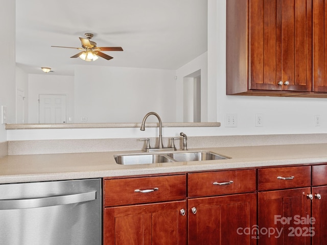 kitchen with sink, stainless steel dishwasher, and ceiling fan