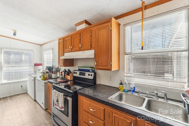 kitchen with under cabinet range hood, a sink, brown cabinets, stainless steel electric stove, and dark countertops