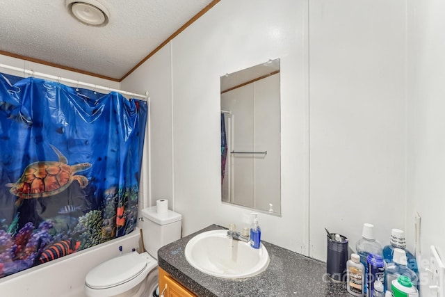 full bathroom featuring shower / tub combo with curtain, toilet, ornamental molding, a textured ceiling, and vanity