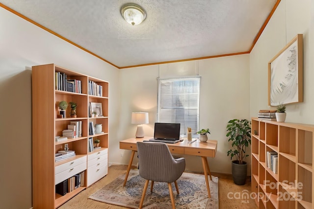 office featuring crown molding and a textured ceiling