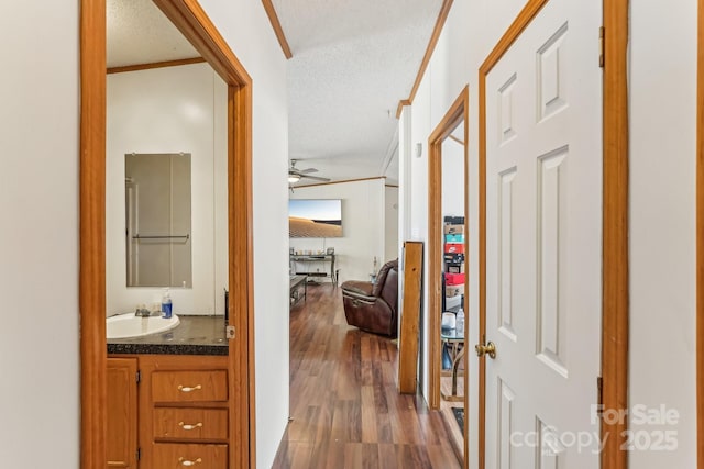 hallway featuring a sink, ornamental molding, a textured ceiling, and wood finished floors