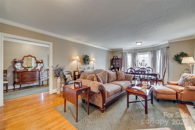 living room with hardwood / wood-style flooring, ornamental molding, and a textured ceiling