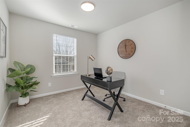 home office with light carpet