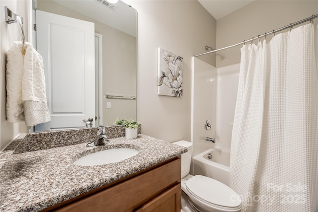 full bathroom with vanity, shower / bathtub combination with curtain, and toilet