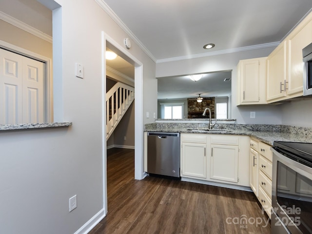 kitchen featuring sink, crown molding, appliances with stainless steel finishes, dark hardwood / wood-style floors, and light stone countertops