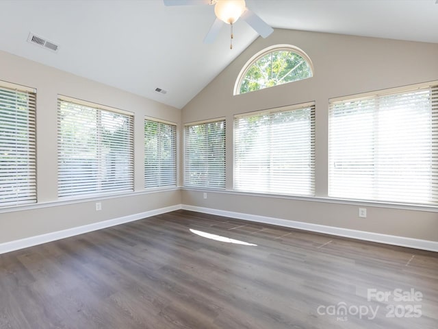 unfurnished sunroom featuring vaulted ceiling and ceiling fan