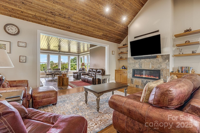 living room featuring wood-type flooring, high vaulted ceiling, and wood ceiling