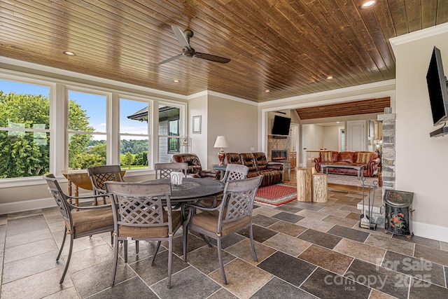 dining room with ornamental molding, ceiling fan, and wood ceiling