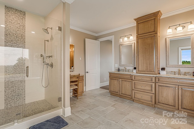 bathroom with crown molding, vanity, and walk in shower