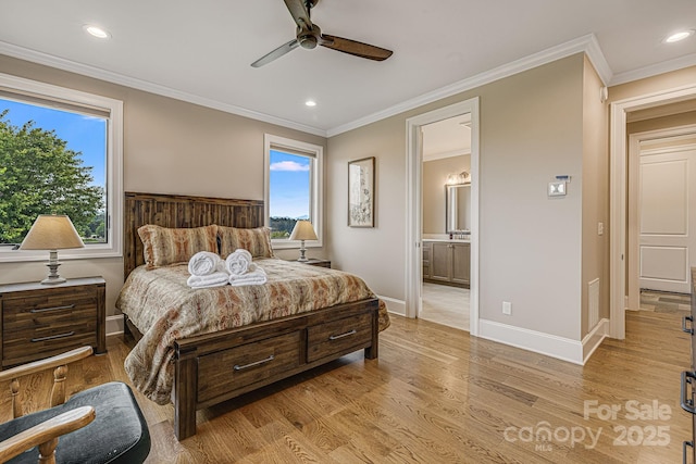 bedroom featuring ornamental molding, multiple windows, and light wood-type flooring