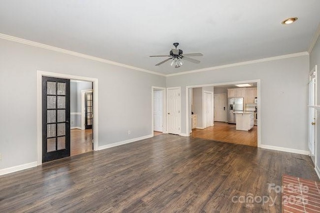 interior space featuring stainless steel fridge with ice dispenser, crown molding, dark wood-type flooring, and ceiling fan