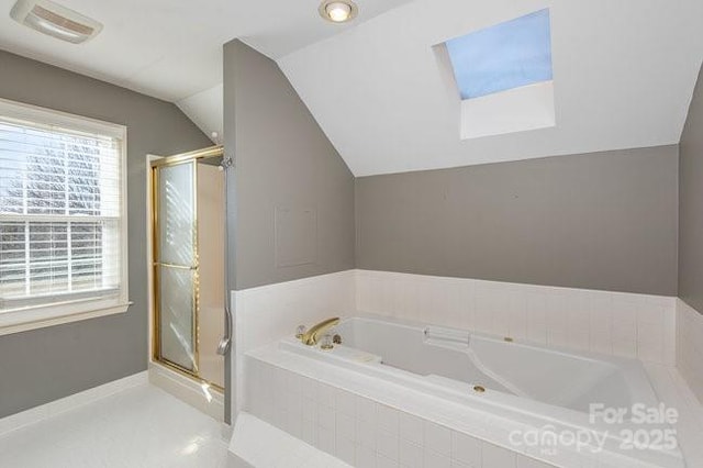 bathroom with vaulted ceiling and plus walk in shower