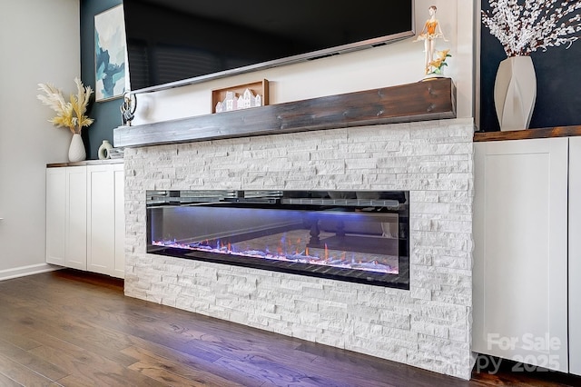 interior details with a fireplace and wood finished floors