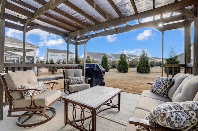 view of patio / terrace with an outdoor hangout area, a residential view, grilling area, and a pergola