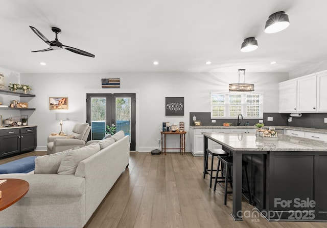 interior space featuring hardwood / wood-style floors, ceiling fan, and french doors