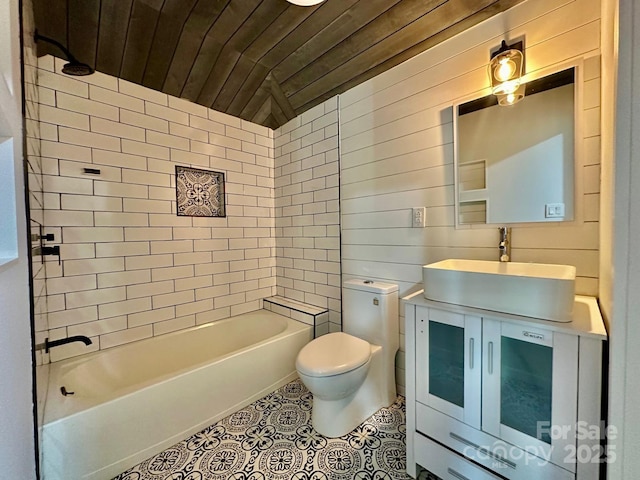 bathroom featuring wooden ceiling, tile patterned flooring, toilet, wooden walls, and tub / shower combination