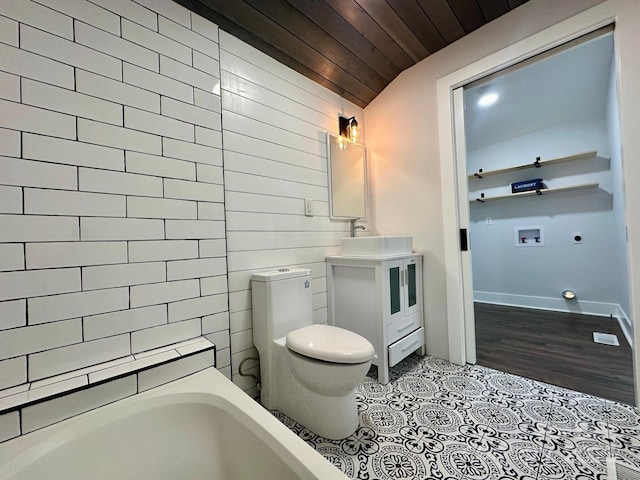 full bathroom with a washtub, toilet, vanity, wooden ceiling, and tile patterned floors