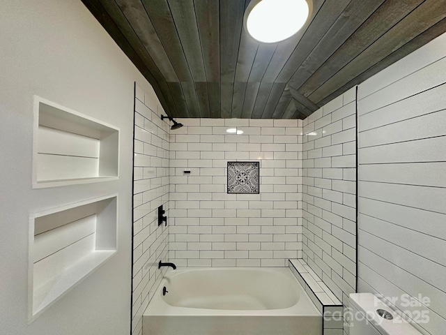 bathroom featuring shower / bath combination, wooden ceiling, and toilet