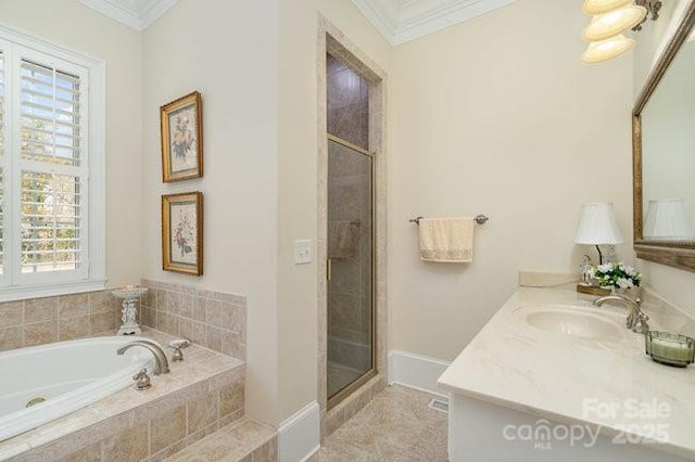 bathroom with crown molding, vanity, separate shower and tub, and tile patterned flooring