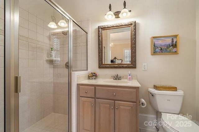 bathroom with vanity and a shower with door