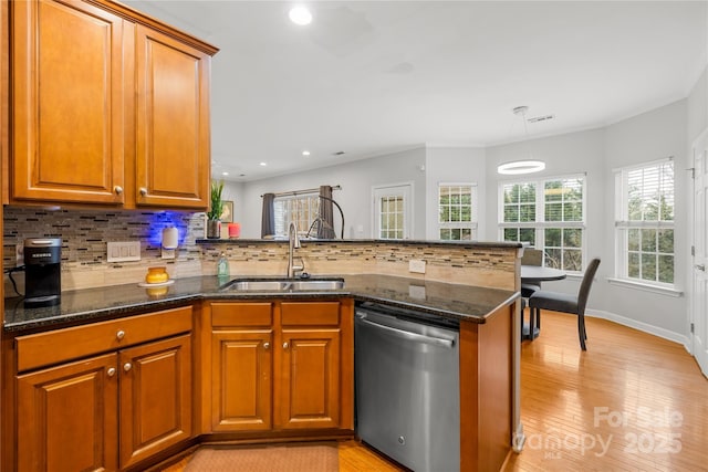 kitchen featuring sink, dark stone countertops, decorative backsplash, stainless steel dishwasher, and kitchen peninsula