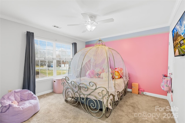 bedroom featuring crown molding and carpet floors