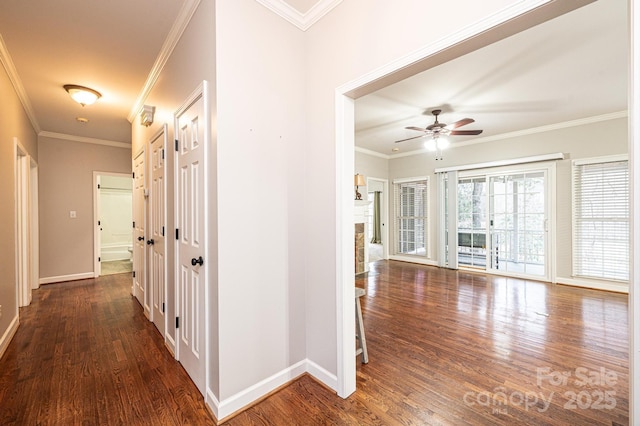 hall with crown molding and dark hardwood / wood-style floors