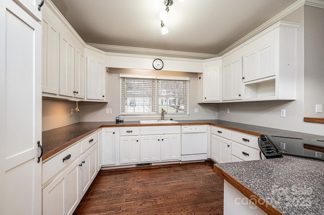 kitchen featuring sink, electric range oven, white dishwasher, dark hardwood / wood-style flooring, and white cabinets