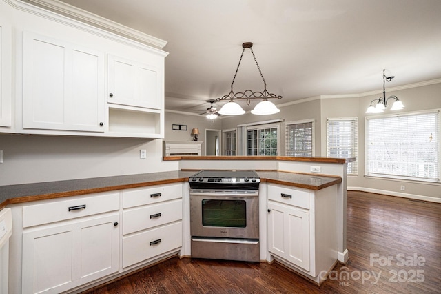 kitchen featuring white cabinetry, stainless steel electric stove, pendant lighting, and kitchen peninsula