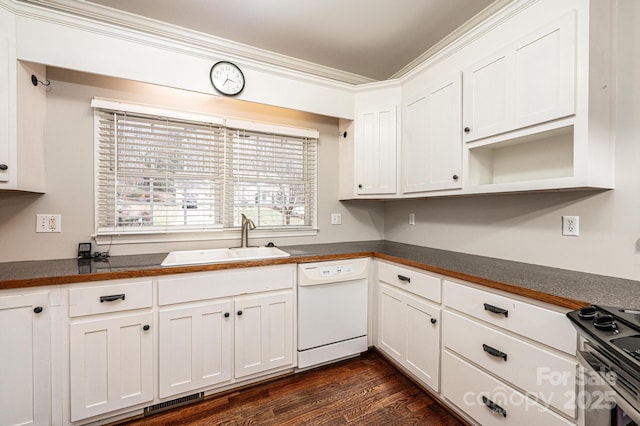 kitchen with electric stove, sink, dishwasher, white cabinetry, and ornamental molding