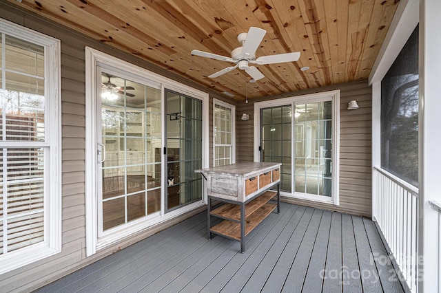 sunroom / solarium featuring wood ceiling and ceiling fan