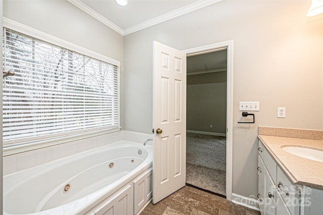 bathroom with crown molding, a bathing tub, and vanity