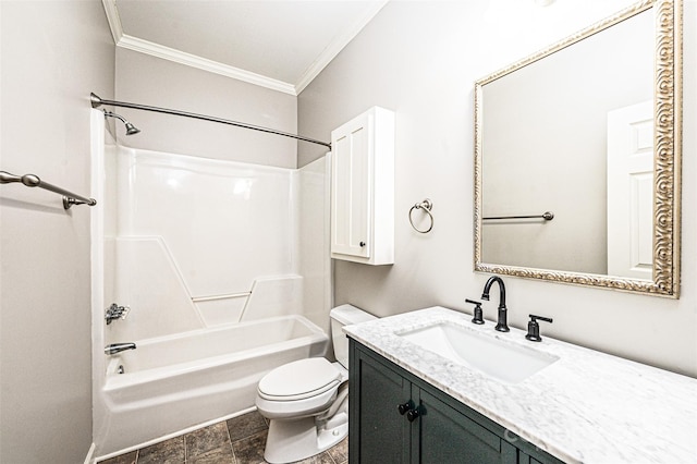 full bathroom featuring ornamental molding, toilet, bathing tub / shower combination, and vanity