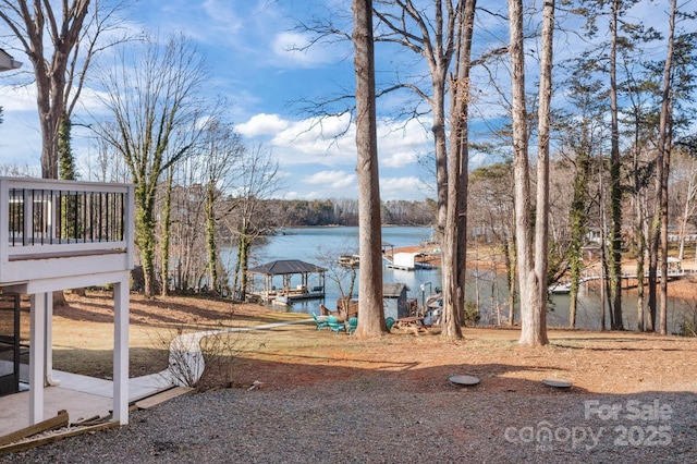 view of yard with a dock and a water view