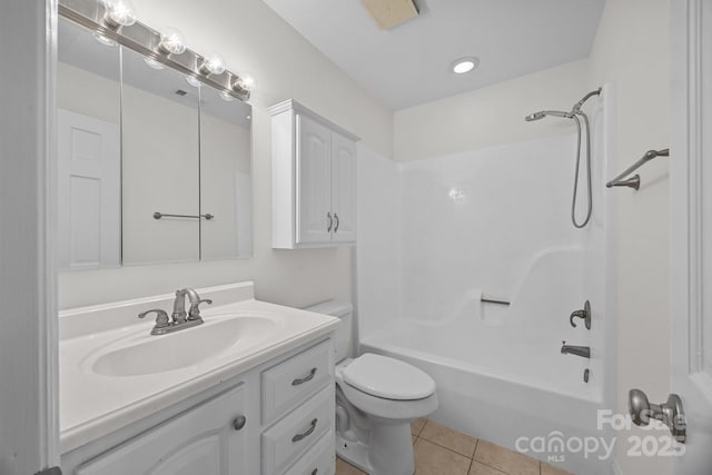 full bathroom with vanity, toilet, tub / shower combination, and tile patterned flooring