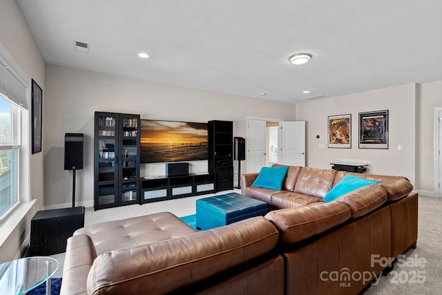 living room featuring light colored carpet