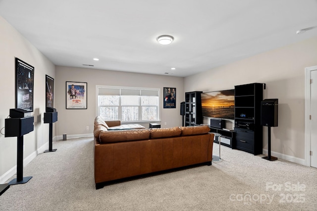 living room featuring light carpet