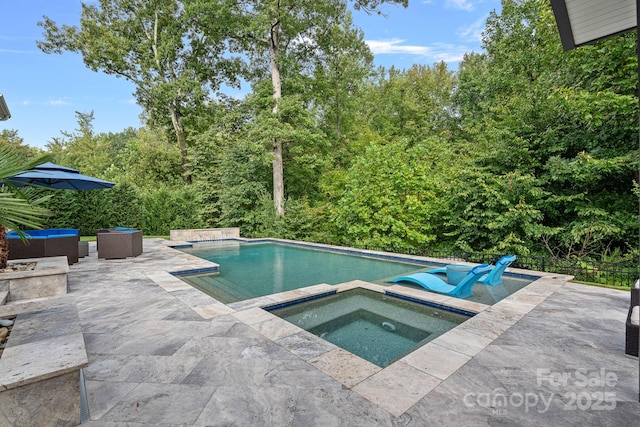 view of swimming pool with an in ground hot tub, an outdoor living space, and a patio