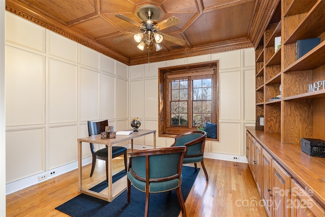 office with crown molding, ceiling fan, and light hardwood / wood-style floors