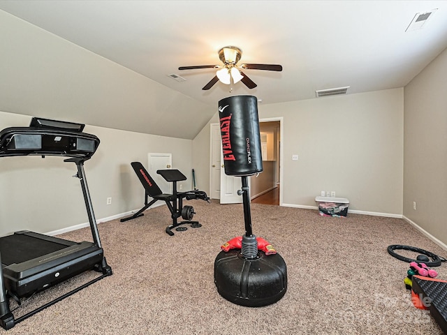 workout area with ceiling fan, lofted ceiling, and carpet flooring