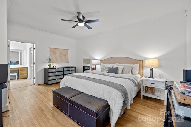 bedroom featuring crown molding, ceiling fan, built in desk, and light hardwood / wood-style floors