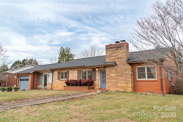 single story home featuring a garage and a front lawn