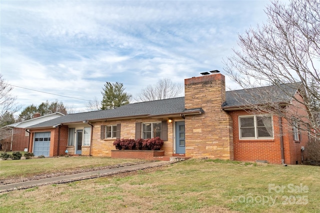 single story home with a chimney, an attached garage, and a front lawn