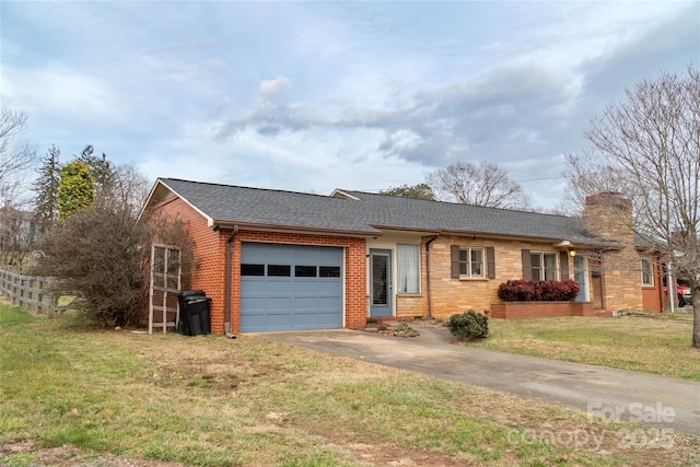 single story home featuring a shingled roof, an attached garage, a front lawn, a chimney, and concrete driveway