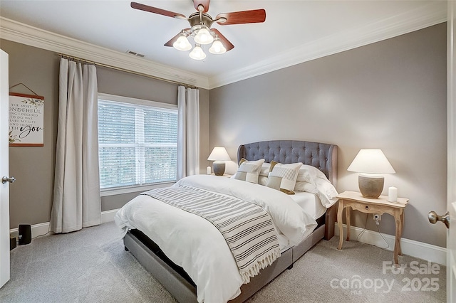 bedroom with ceiling fan, light colored carpet, and ornamental molding